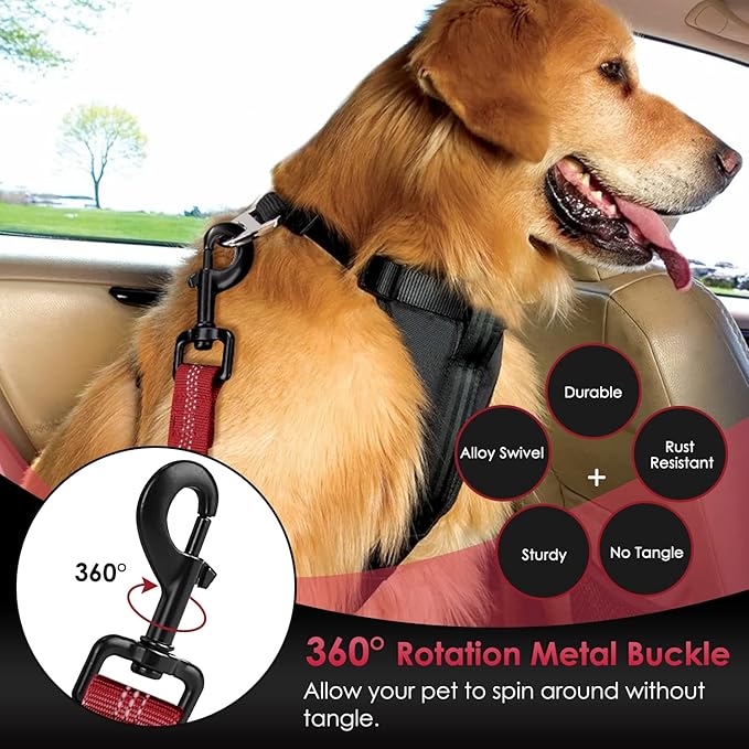 SlowTon Dog Seat Belt, Adjustable Dog Safety Belt Leash, 2 in 1 Latch Bar Attachment Dog Car Seatbelt with Elastic Nylon Bungee Buffer, Reflective Nylon Belt Tether(Red 35.5in)-Mewly Pet