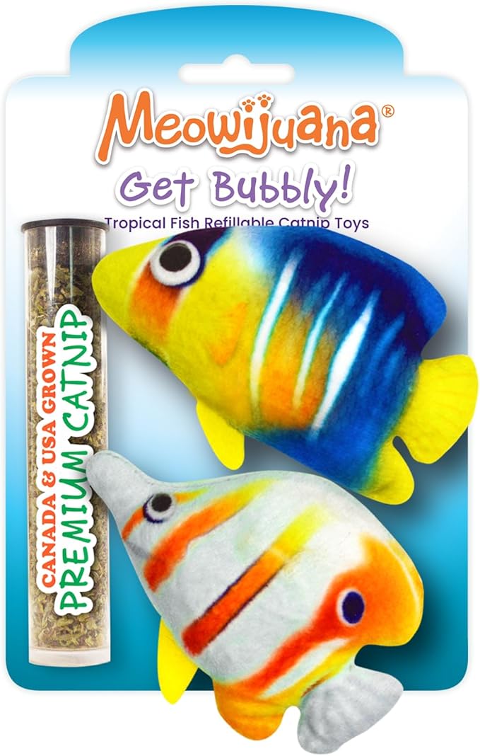 Meowijuana Refillable Cat Toys | Get Bubbly - Tropical Fish Catnip Toys | Includes Potent Hand Harvested Catnip Grown in North America | Promotes Play and Cat Health-Mewly Pet