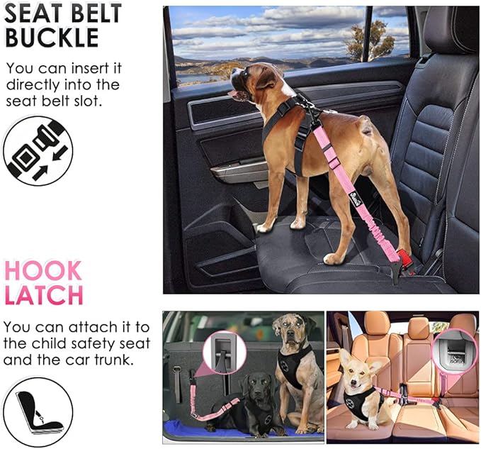 SlowTon Dog Seat Belt, Adjustable Dog Safety Belt Leash, 2 in 1 Latch Bar Attachment Dog Car Seatbelt with Elastic Nylon Bungee Buffer, Reflective Nylon Belt Tether Connect to Dog Harness (Pink)-Mewly Pet