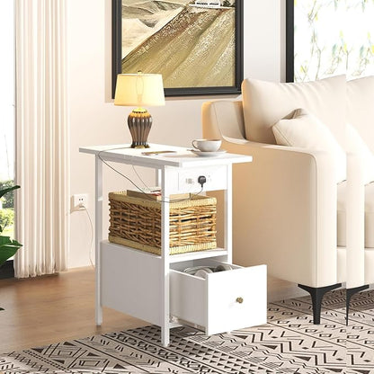 LIDYUK End Table with Charging Station, Narrow Side Table with Drawer and USB Ports & Power Outlets, Nightstand Bedside Tables for Small Spaces, Bedroom, Living Room, White, Set of 2