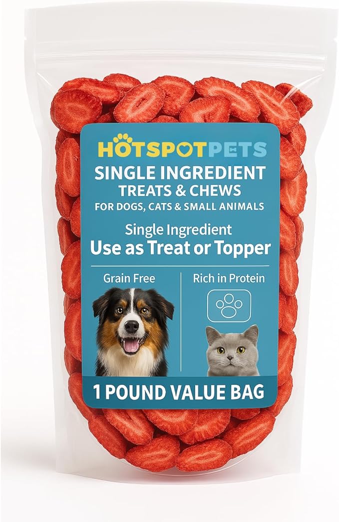 hotspot pets Freeze Dried Strawberry Treats for Small Animals, Cats & Dogs - Reasealable 1lb Big Bag Single Ingredient All Natural- Perfect for Training, Small Reward or Snack-Mewly Pet