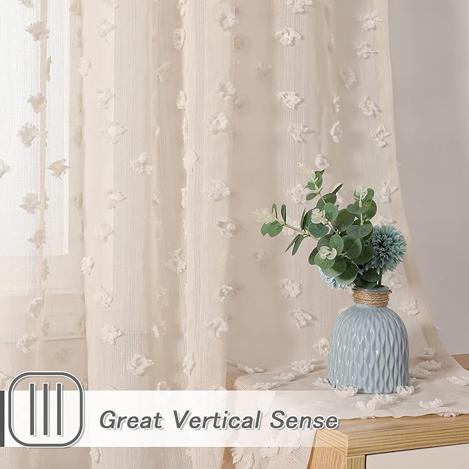 MYSKY HOME Pom Pom Beige Sheer Curtains for Bedroom Girls Room Curtains 72 Inches Long for Nursery Kids Light Filtering Boho Window Drapes, Rod Pocket, 38" Wide, 2 Panels