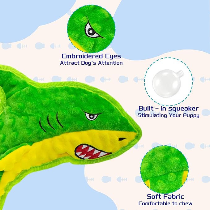 Squeaky Dog Toy No Stuffed Dog Toys,Green Shark Puppy Toys for Small Medium Large Breed pups Teething Interactive Toy to Keep Them Busy, Best Christmas Birthday Gift-Mewly Pet
