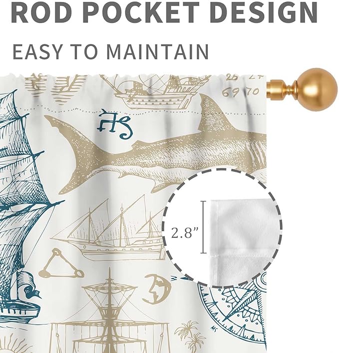Vintage Nautical Curtains, Marine Coastal Sailboat Compass Anchor Ocean Beach Whale Old Pirate Map Decorative Drapes for Bedroom Living Room Kitchen Bathroom Window 2 Panels Set, 84"x84" Inch