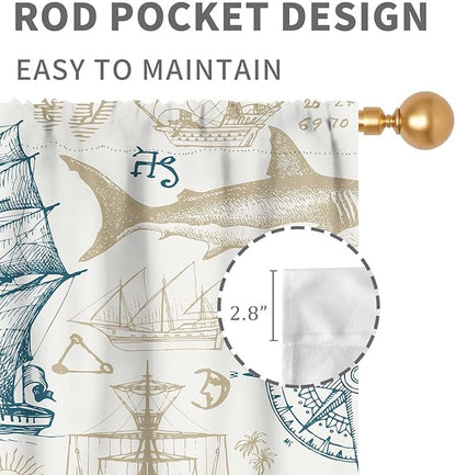 Vintage Nautical Curtains, Marine Coastal Sailboat Compass Anchor Ocean Beach Whale Old Pirate Map Decorative Drapes for Bedroom Living Room Kitchen Bathroom Window 2 Panels Set, 42"x63" Inch