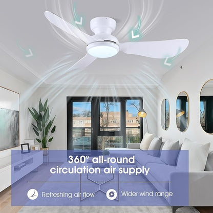 46 Inch Modern Ceiling Fans with Lights, Flush Mount Ceiling Fan with Remote/APP Control, 3 Reversible Curved Blades, 6 Speeds, 3 CCT, Dimmable Lights for Kids Room Bedroom, White