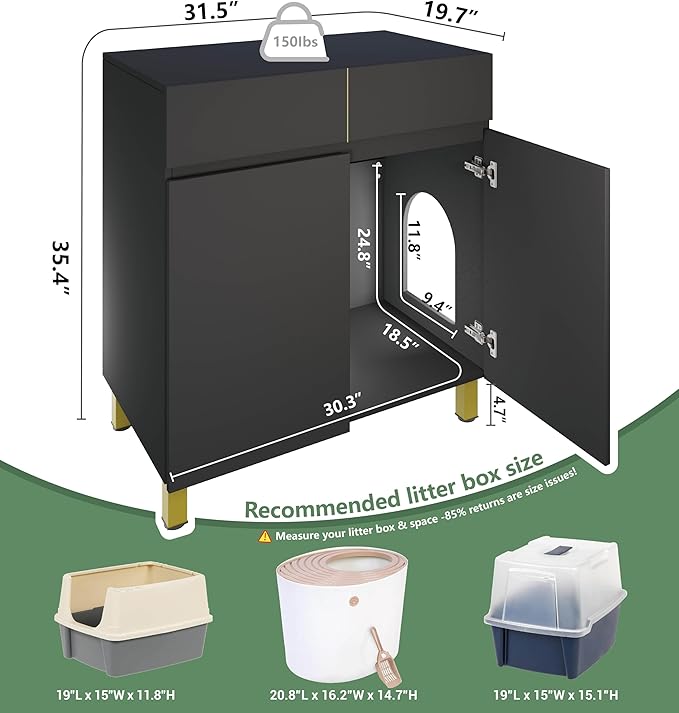Large/Tall Litter Box Enclosure, Modern Wooden Litter Box Furniture for XL Litterbox with Drawer as Sideboard Cabinet (Black)-Mewly Pet