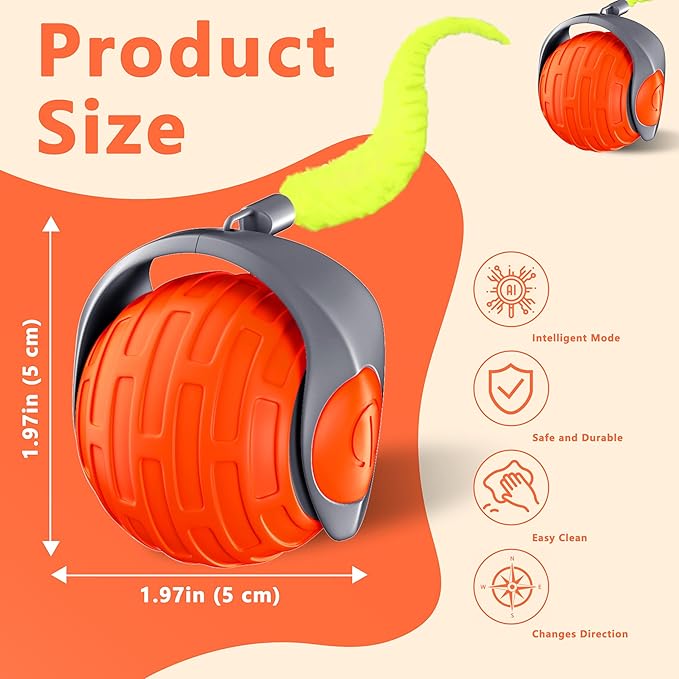 Cat Toys,Interactive Cat Toys Ball for Bored Indoor Cat,Automatic Rolling,Drop Resistant and Obstacle Avoidance,2 Modes Adjustment,Fluffy Tail and USB Type-C Rechargeable（Orange）-Mewly Pet