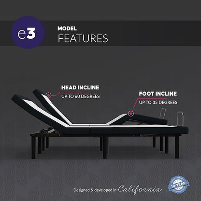 Blissful Nights e3 Split King Adjustable Bed Base Frame with Wireless Remote, Head and Foot Incline with Both Left and Right Sides, Easy Assembly, and 10 Year Warranty