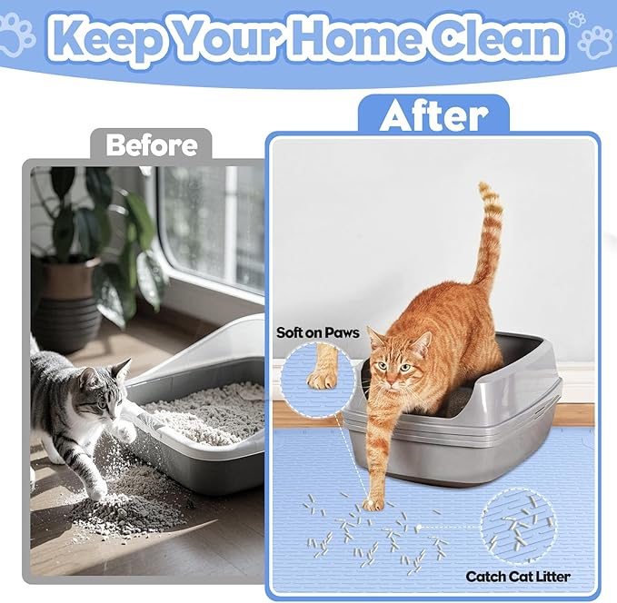 Cat Litter Mat, Extra Large 40" x 28" Silicone Mat Litter Trapping Mat for Scatter Control, Soft on Kitty Paws, Easy to Clean (Blue)-Mewly Pet