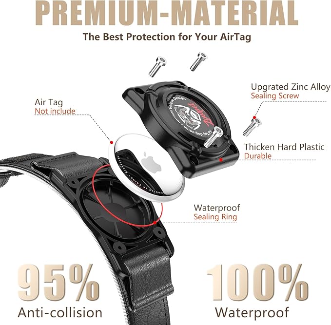 AirTag Dog Collar - Leather Dog Collar with Airtag Holder | IP68 Waterproof AirTag Holder with Metal Buckle, Comfortable GPS Dog Collars Tracker for Medium Large Dogs (Black, M)-Mewly Pet