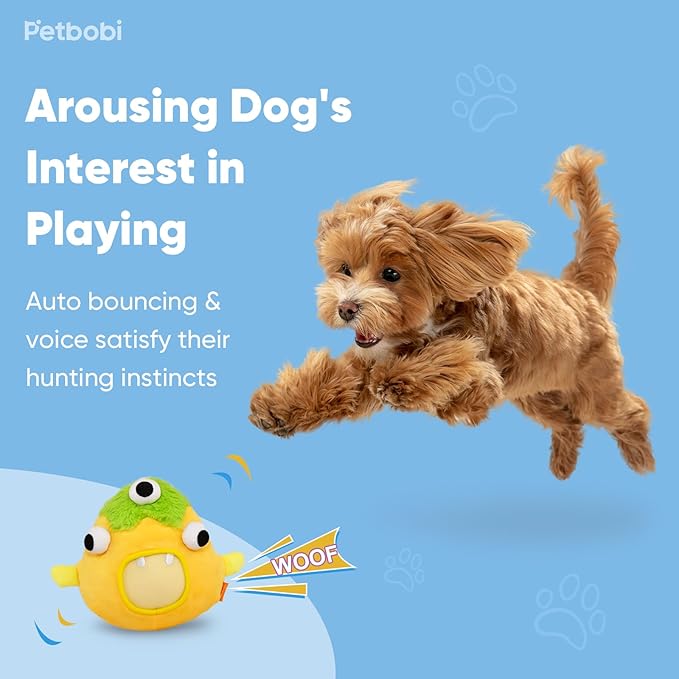 Petbobi Interactive Dog Toys for Boredom - Moving Dog Toy for Stimulating Play, Pet Plush Squeaky Ball for Small Medium Breeds with 4 Batteries, Sunny Boy Bobby-Mewly Pet