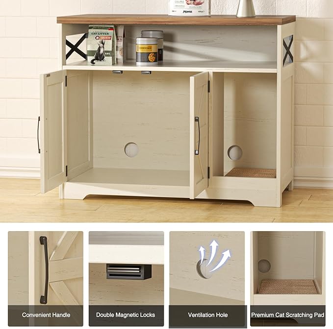 Cat Litter Box Enclosure, Hidden Litter Box Furniture with Scratch Pad, Farmhouse Indoor Cat House Washroom End Table, White-Mewly Pet