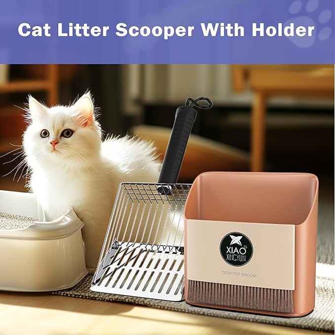 Cat Litter Scooper with Holder, Metal Litter Scoop Includes Portable Small Broom and Dustpan Set, Heavy Duty Stainless Steel Litter Scoop with Coarse and Fine Grid, Quick Sift and Easy Clean-Mewly Pet