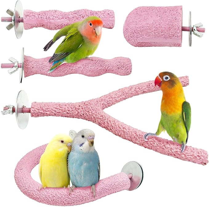 PINVNBY 5 Pack Bird Perch Resin Bird Beak Grinding Stone Parrot Cage Perch Stand Platform Foot Claws Trimmer Chew Toy Bird Cage Accessories for Budgie Cockatiel Conure Lovebird Finch (Pink)-Mewly Pet