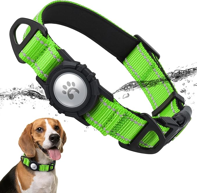 TagME Airtag Dog Collar,Waterproof Reflective Pet Collar with Airtag Holder,Soft Padded and Double D-Rings for Medium Dogs,Green-Mewly Pet