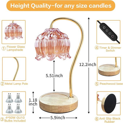Dimmable Flower Candle Warmer Lamp, Pink Candle Warmer with Timer & 4Bulbs, Birthday Gifts for Women, House Warming Gifts New Home Bedroom Decor