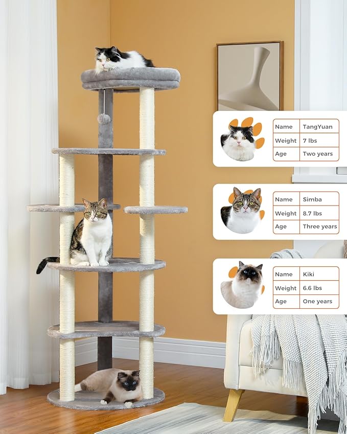 PETEPELA 61" Cat Tree for Indoor Cats, [6-Levels] Cat Climbing Tower with 9 Sisal Scratching Posts and Replaceable Dangling Ball &Top Perch, Grey-Mewly Pet