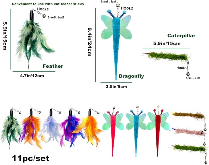 AcceLeah Cat Worm Toy Refills - Assorted Teaser Wand Toys with Bell (11 Pcs)-Mewly Pet