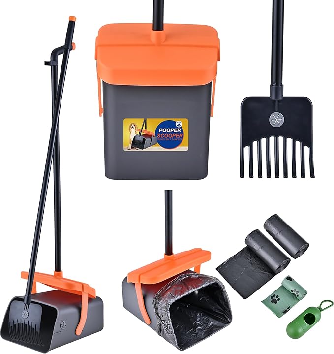 Pooper Scooper Swivel Bin & Rake Kit with 55 Waste Bags, 46" Long Handle Adjustable Portable Non-Breakable Dog Pooper Scooper Easy to Clean Pet Waste-Mewly Pet