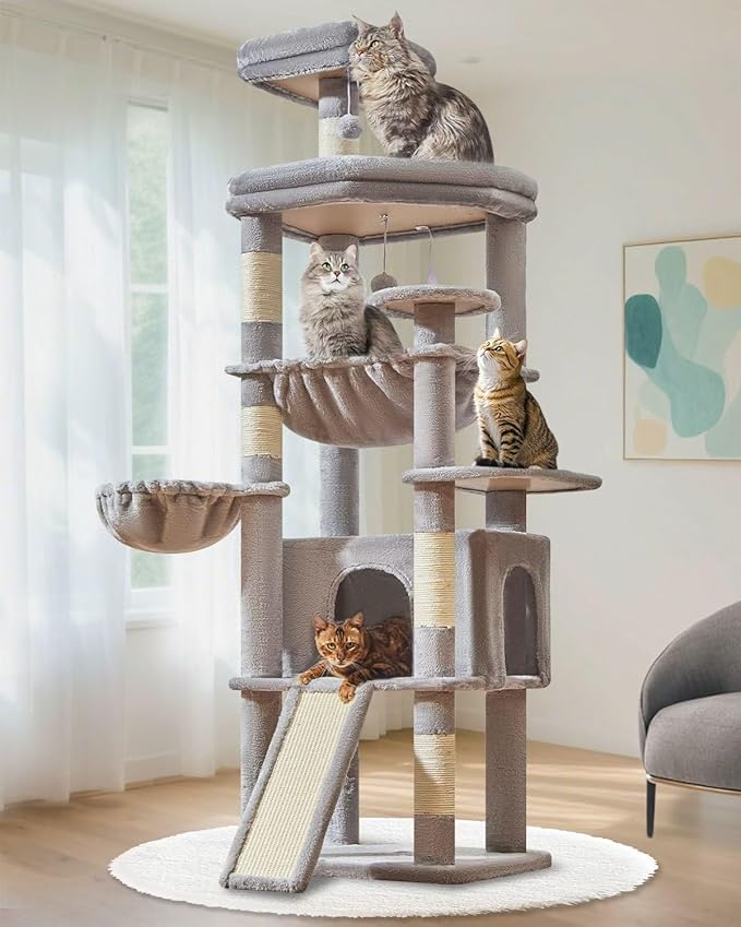 Taoqimiao 72 Inches Cat Tree for Large Cats, Multi-Level Tall Cat Tower, Widened Cat Condo with Large Scratch Board, 5 Scratching Posts, Metal Hammcock, Cozy Basket, Light Gray, MS045W-Mewly Pet