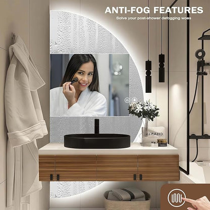 YUDACHU 36"x18" Smart LED Mirror for Bathroom, Half Moon Mirror, Anti-Fog & Stepless Dimming, 3-Color Backlit Vanity Mirror with Lights, Wall Mounted for Small Space