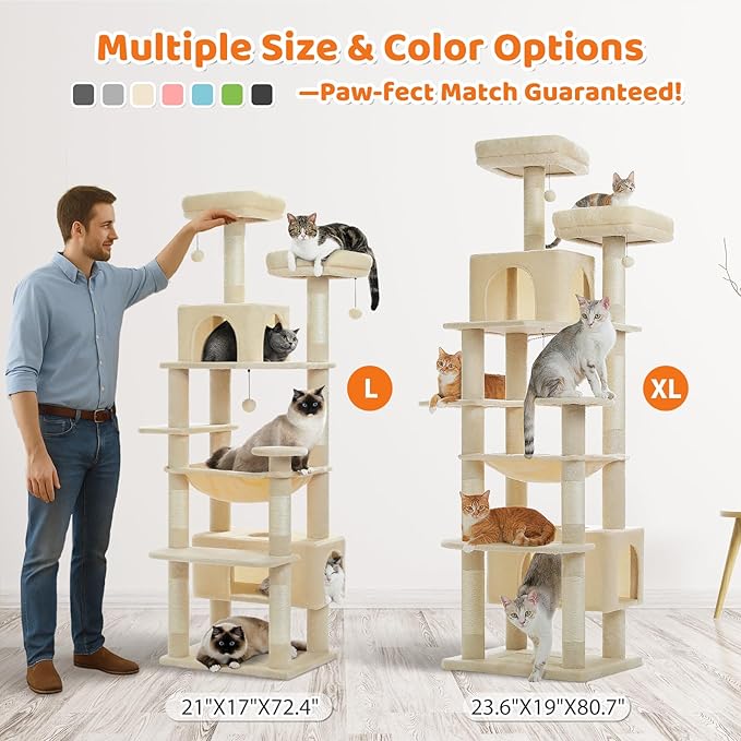 PAWZ Road Heavy Duty Cat Tree for Large Cats, 81 Inches Tall Cat Tower with 2 Perches, 2 Condos and Spacious Hammock, XL Extra Large Condo with 7 Scratching Posts for 20lb+ Adult Cats,Beige-Mewly Pet