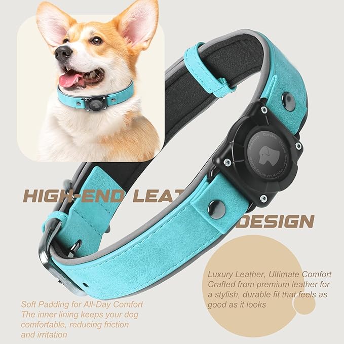 AirTag Dog Collar - Leather Dog Collar with Air Tag Holder | IPX8 Waterproof, Reflective, High - End, Adjustable Soft Padded | Dog GPS Tracker Collars Fit for Medium Large Dogs (Light Blue, M)-Mewly Pet