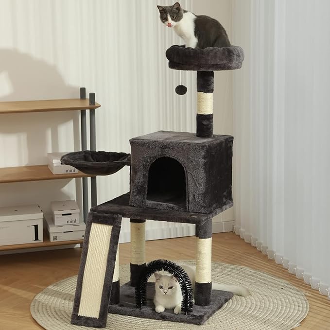 HOOPET 44IN Cat Tree for Indoor Cats - Multi-Level Cat Tower with Hammock, Condo, Scratching Posts, Self-Grooming Brush & Play Ball - Space-Saving Cat Furniture for Small Apartments-Mewly Pet