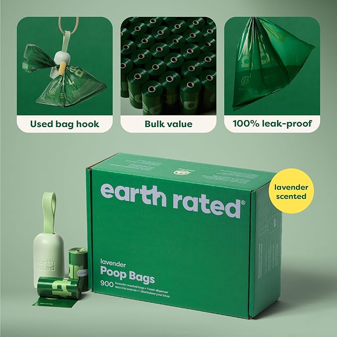Earth Rated Dog Poop Bag Holder, Durable and Guaranteed Leakproof, Lavender Scented, 1 Dispenser and 900 Bags-Mewly Pet