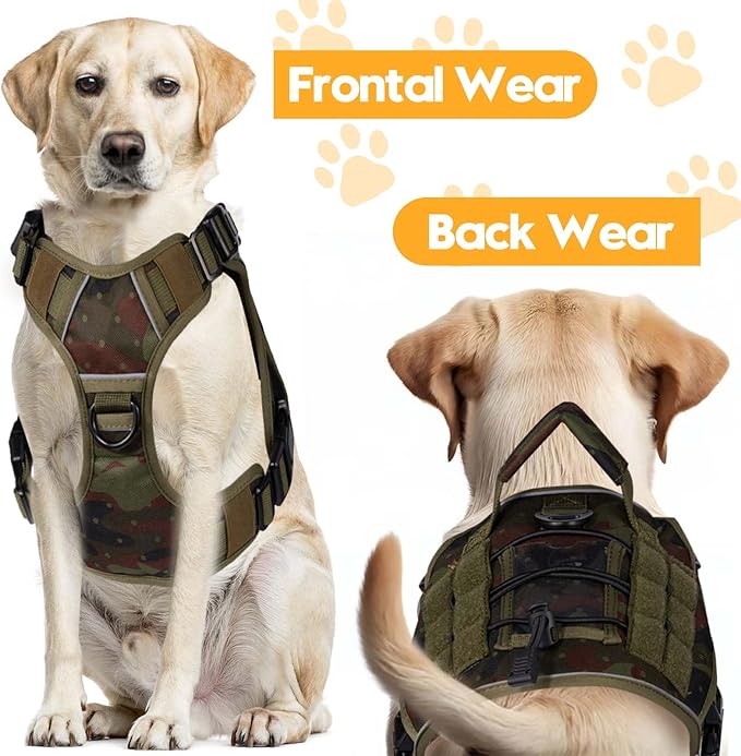 Heavy-Duty Tactical Dog Harness for Large Dogs, No Pull Adjustable Reflective Pet Vest with Molle System, K9 Military-Grade Control for Service Training, Outdoor & 10+ Breeds, Green Camo, Medium-Mewly Pet