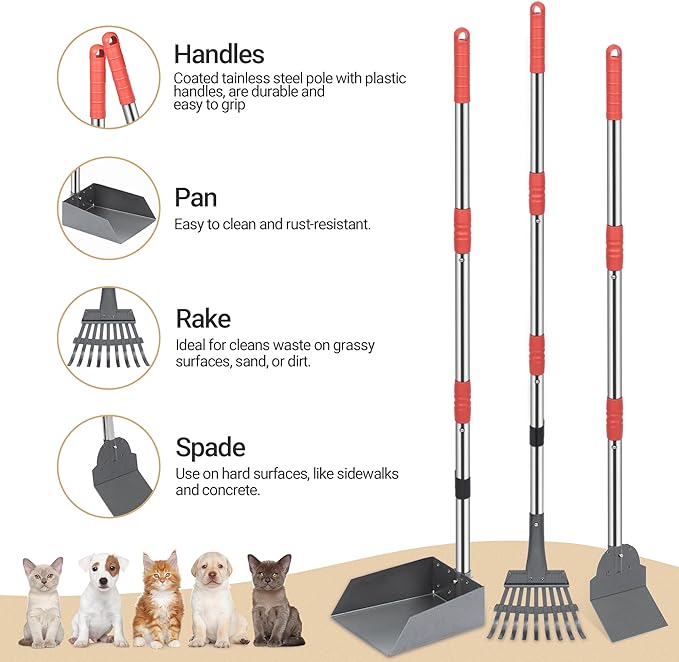 Heeyoo Dog Pooper Scooper, Dog Poop Tray and Rake Set, Pet Waste Removal Scoop with Long Adjustable Sectional Stainless Handles-Mewly Pet
