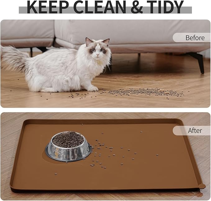 Waterproof Pet Feeding Mat with High Raised Edges, Heavier and Thicker Placemats for Cat Dog Water Bowl with BPA Free, Dogs Cats Food Mats for Messy Drinkers to Prevent Spill and Protect Floors-Mewly Pet