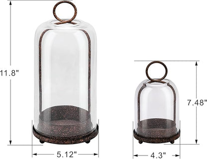 5" & 4" Wide Versatile Metal Candle Holder in Rustic Brown with Handmade Thick & Sturdy Glass Dome Cover for Pillar Candle & Plants, Farmhouse, Shabby Chic Style (2, Brown, Large & Small)