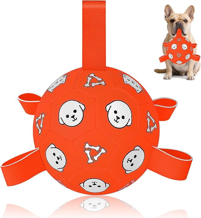 Dog Toys Soccer Ball with Straps, Durable Dog Balls, Interactive Dog Toys for Tug of War, Floating Water Puppy Toys for Indoor/Outdoor – Fun Dog Birthday Gift for Small Medium Dogs, 6 Inch-Mewly Pet