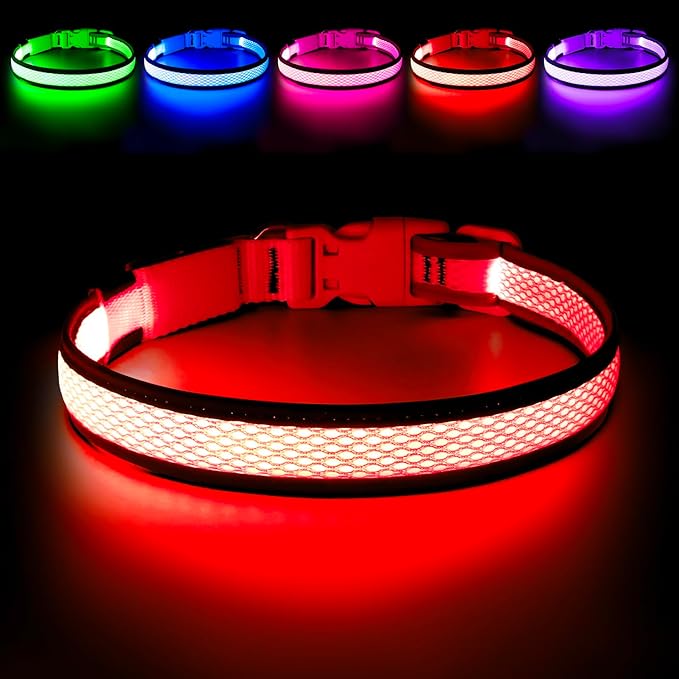 LED Dog Collar, Light Up Dog Collar USB Rechargeable, Brightest Dog Lights for Night Walking, Adjustable Dog Collar Light for Dog Safety (Medium, Ruby Red)-Mewly Pet