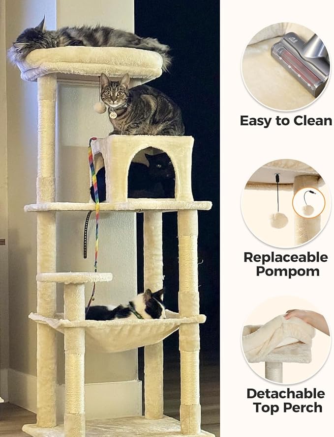 Cat Tree for Large Cats Adult with Metal Plush Big Hammock, 56.3" Cat Tower with 2 Door Condo House, 6-Tier Cat Shelves with Scratching Posts and Large Top Perch, Beige-Mewly Pet
