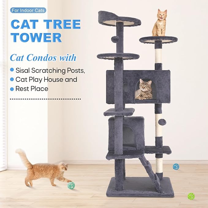 FDW Cat Tree 54in Cat Tower Multi-Level Durable Cat Scratching Post & Cozy Fun Cat Jumping Platform Space Saving Cat Condo Pet Play House for Indoor Cats,Ashy-Mewly Pet