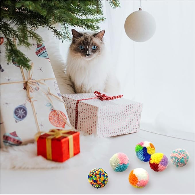 Andiker 6 Pcs Assorted Color Cat Ball Toys, Woolen Yarn Puffs Cat Pom Pom Balls Interactive Kitten Chasing Toys-Mewly Pet