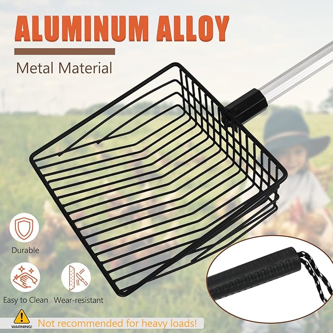 Esmorah Chicken Poop Scooper for Sand & Coop Cleaning - Sifting Shovel with 22"-40" Adjustable Handle, 3 Lengths Heavy Duty Stainless Steel Sifter-Mewly Pet