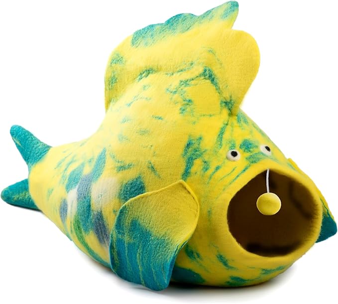 Luxurious Eco-Friendly Merino Wool Cat Cave Bed Fish Design - Foldable Hideaway Pod for Indoor Cats - Premium Felt Kitten Beds - Covered Cat House for Ultimate Cozy Comfort by Woolygon-Mewly Pet