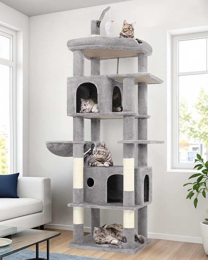 Globlazer Large Cat Tree Tower, Tall Cat Tree Condos for Indoor Cats Large Adult Cat Climbing Tower with 2 Spacious Caves, Oversized Top Perch, Big Hanging Basket, Cat Teaser Wand, F74B, Light Grey-Mewly Pet