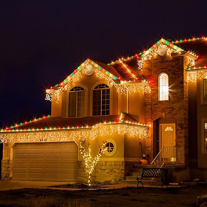Toodour Christmas Icicle Lights Outdoor, 1224 LED 100ft 8 Modes Fairy Icicle String Light with 204 Drops, Led Christmas Lights Twinkle for Holiday, Party, Wedding, Eaves, Xmas Decorations (Warm White)