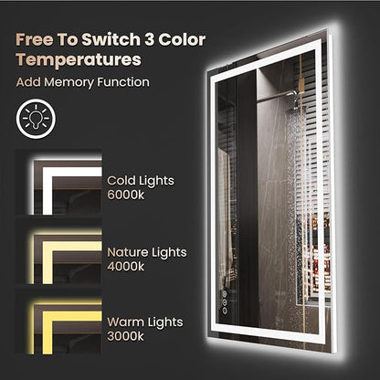48"X36" LED Bathroom Mirror with Front Lights and Backlit, Anti-Fog, Dimmable, Shatter-Proof Tempered Glass, Lighted Bathroom Vanity Mirror for Wall with 3 Colors, Memory Function