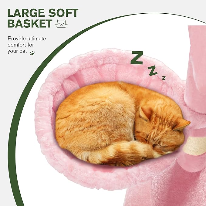 MUTICOR 66 Inches Multi-Level Large Cat Tree Tower for Indoor Big Feline/Cozy Plush Perches/Condo/Sisal Scratching Posts/Hammock and Baskets/Activity Center Play House/Wide Base/Pink-Mewly Pet