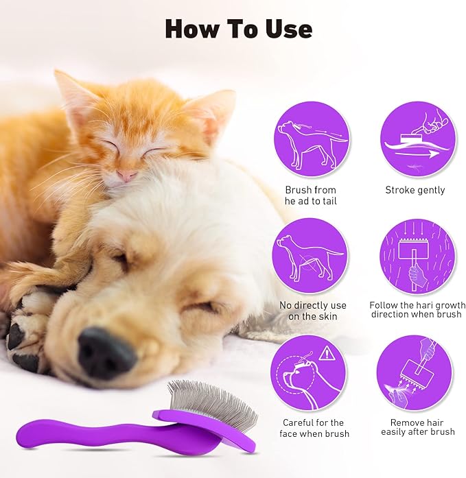 Dog Slicker Brush for Shedding and Grooming Medium or Long Haired Cats, Extra Long & Soft Pin Slicker Brush for Removes Loose Hair, Tangles, Knots, Undercoat, Free Pet Comb, Large Purple-Mewly Pet