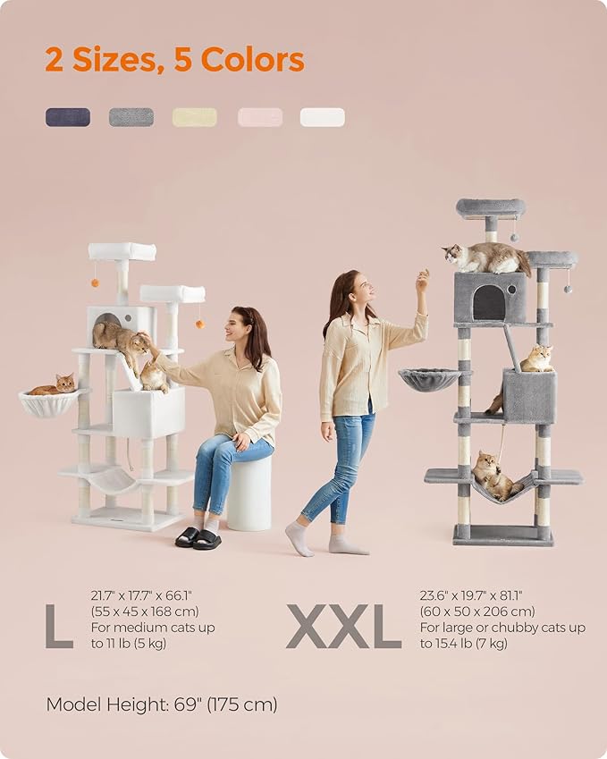 Feandrea Cat Tree, 66.1-Inch Large Cat Tower with 13 Scratching Posts, 2 Perches, 2 Caves, Basket, Hammock, Pompoms, Multi-Level Plush Cat Condo for Indoor Cats, Jelly Pink UPCT165P01-Mewly Pet