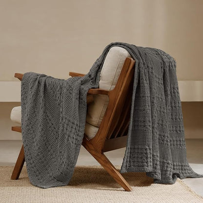 PHF 100% Cotton Waffle Weave Throw Blanket, Soft Lightweight Breathable Cozy Throws for Couch Bed Sofa, Luxury Aesthetic Woven Blanket for Home Decor & Office, 50"x60", Charcoal Grey