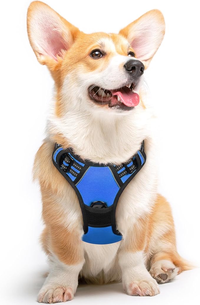 Eagloo Dog Harness Medium Sized Dog, No Pull Service Vest with Reflective Strips and Control Handle, Adjustable and Comfortable for Easy Walking, No Choke Pet Harness with 2 Metal Rings, Blue, M-Mewly Pet