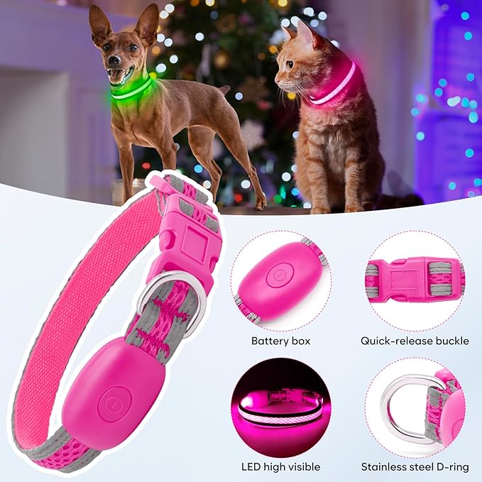 Flashseen LED Cat Collar,Light Up Dog Collar Rechargeable, Dog Lights for Night Walking, Comfortable Soft Mesh Pet Collar Adjustable for Cats Puppy and Small Dogs(Pink, XS)-Mewly Pet